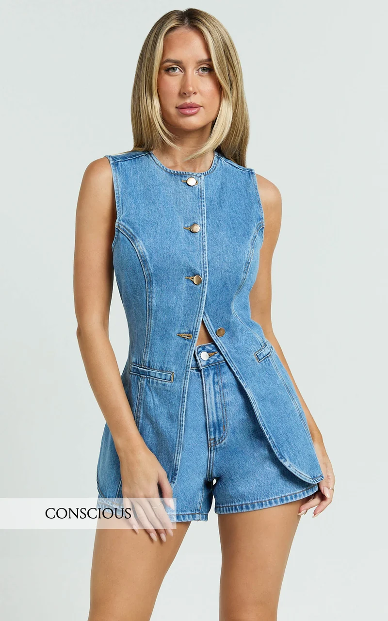 Rhianna Top - Button Down Longline Recycled Denim Vest Top in Mid Blue Wash