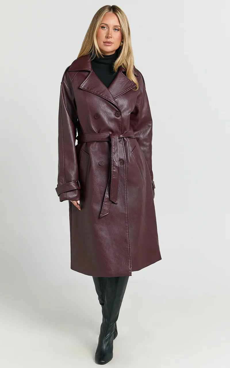 Vicki Trench Coat - Faux Leather Washed Trench Coat in Wine