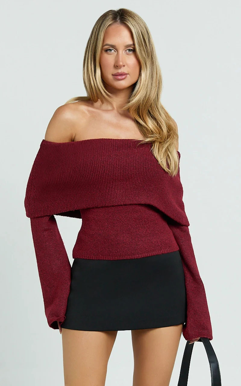 Darcie Top - Off Shoulder Long Sleeve Knit Top in Wine