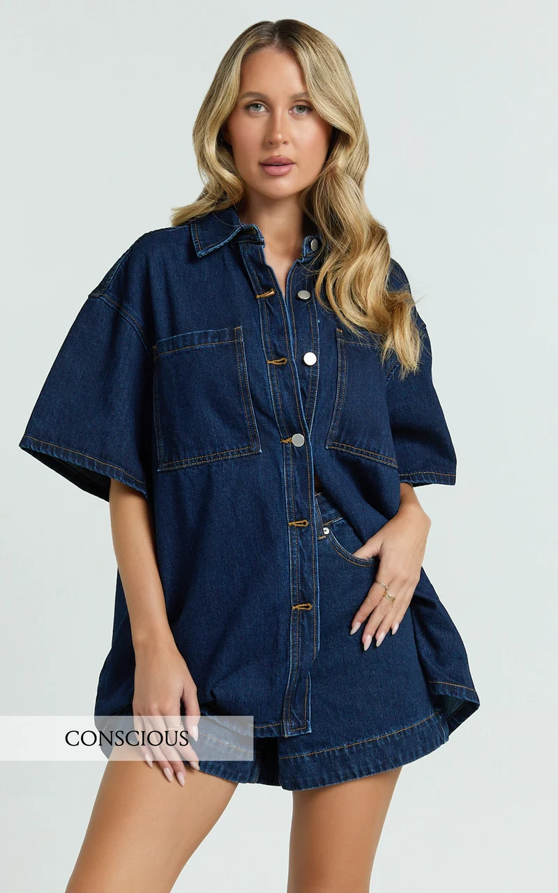 Rhianna Top - Oversized Recycled Denim Short Sleeve Shirt in Indigo Wash