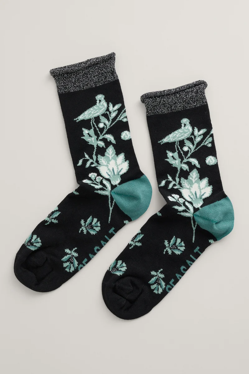 Seasalt Cornwall Snowy Scenes Socks Tapestry Birds Onyx