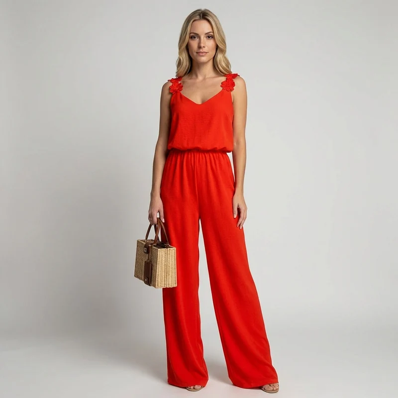 Elegante Jumpsuit met Bloemdetails en Wijde Pijpen