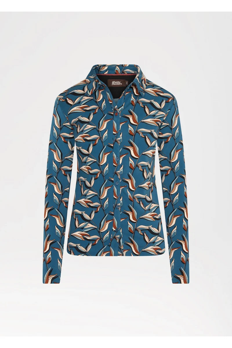 Blauwe blouse met bladerenprint | 4Funkyflavours singing in my soul
