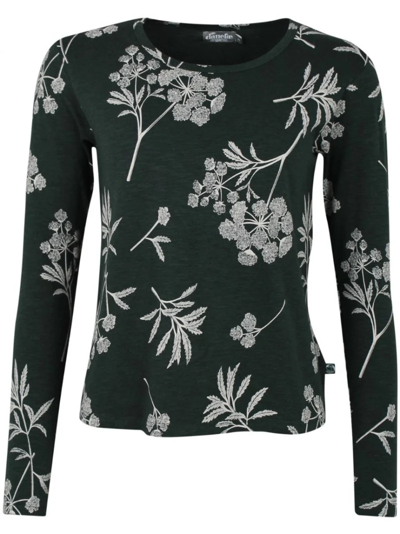 Groene top met plantenprint | Danefae Lotte tee organic black green hemlock