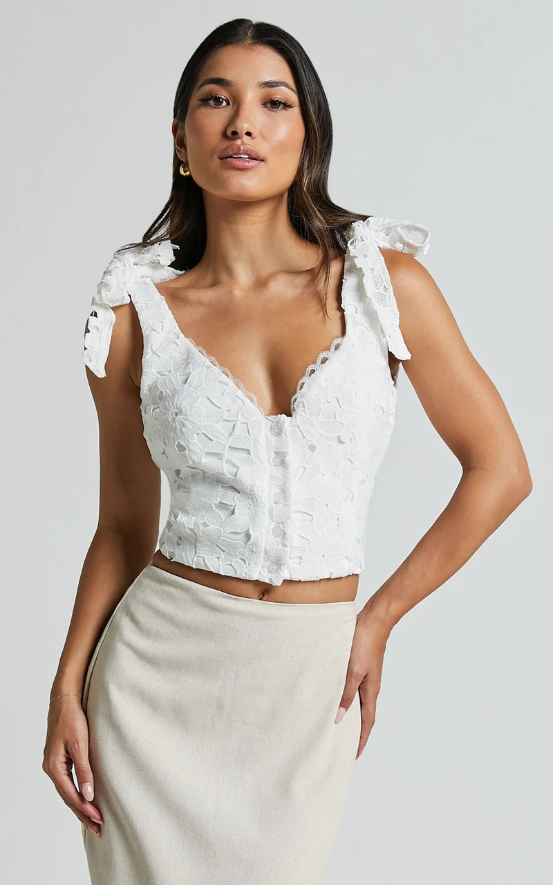 Artie Top - Tie Shoulder Lace Top in White