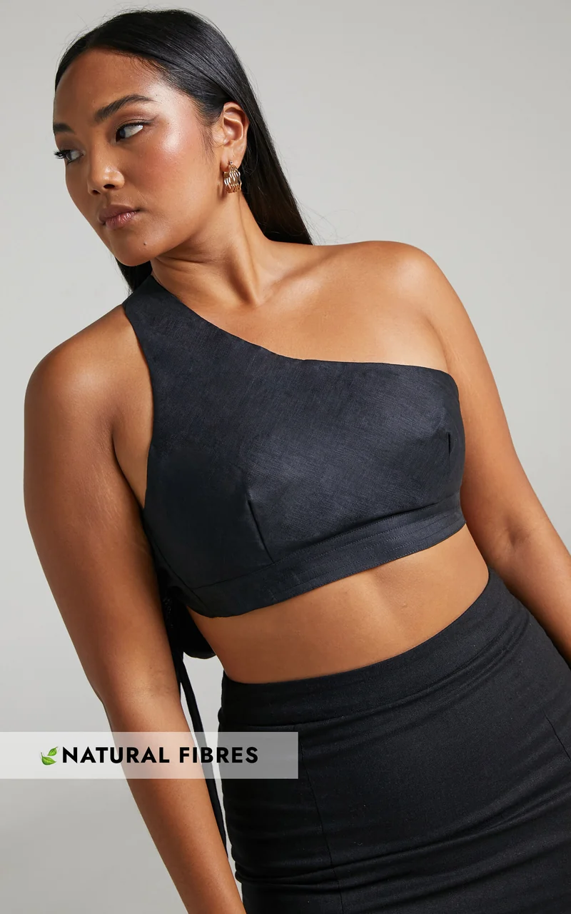 Amalie The Label - Lizzi Linen One Shoulder Tie Back Crop Linen Top in Black