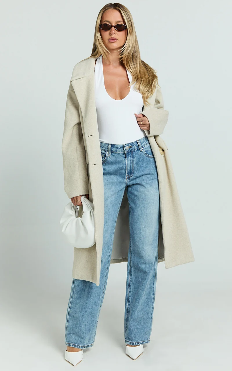 Libee Coat - Double Breasted Longline Coat in Oatmeal