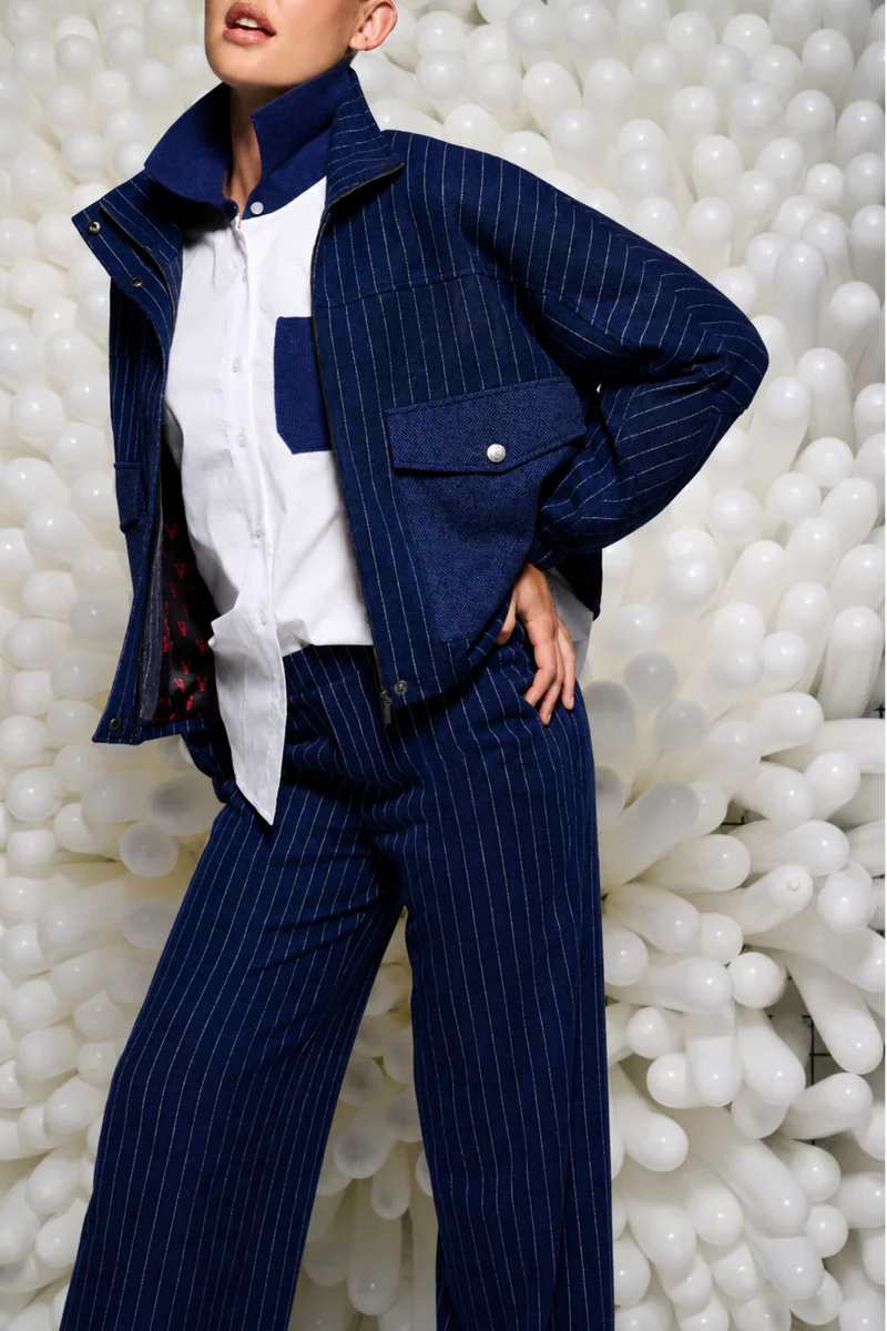 Jacket Met Krijtstreep & Zakjes Dark Blue D402L