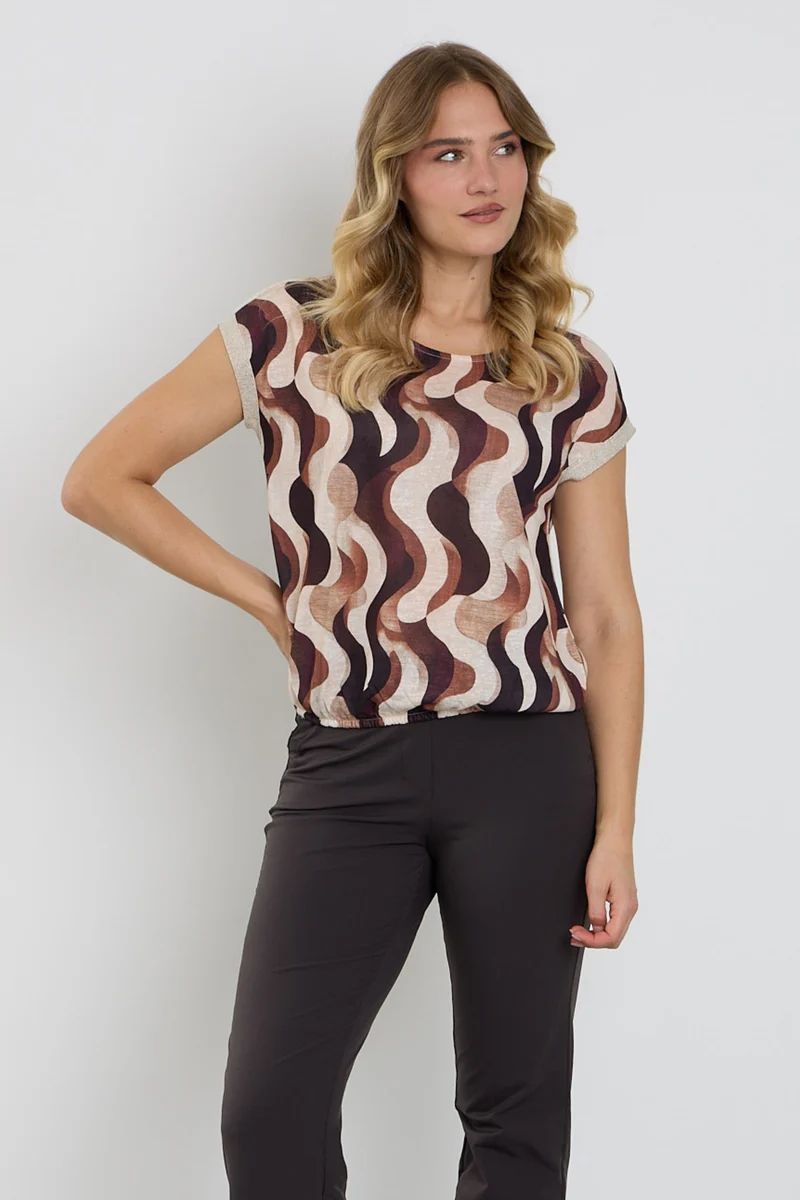 Blouse Golfjes Print Lurex Tape Bruin 156890