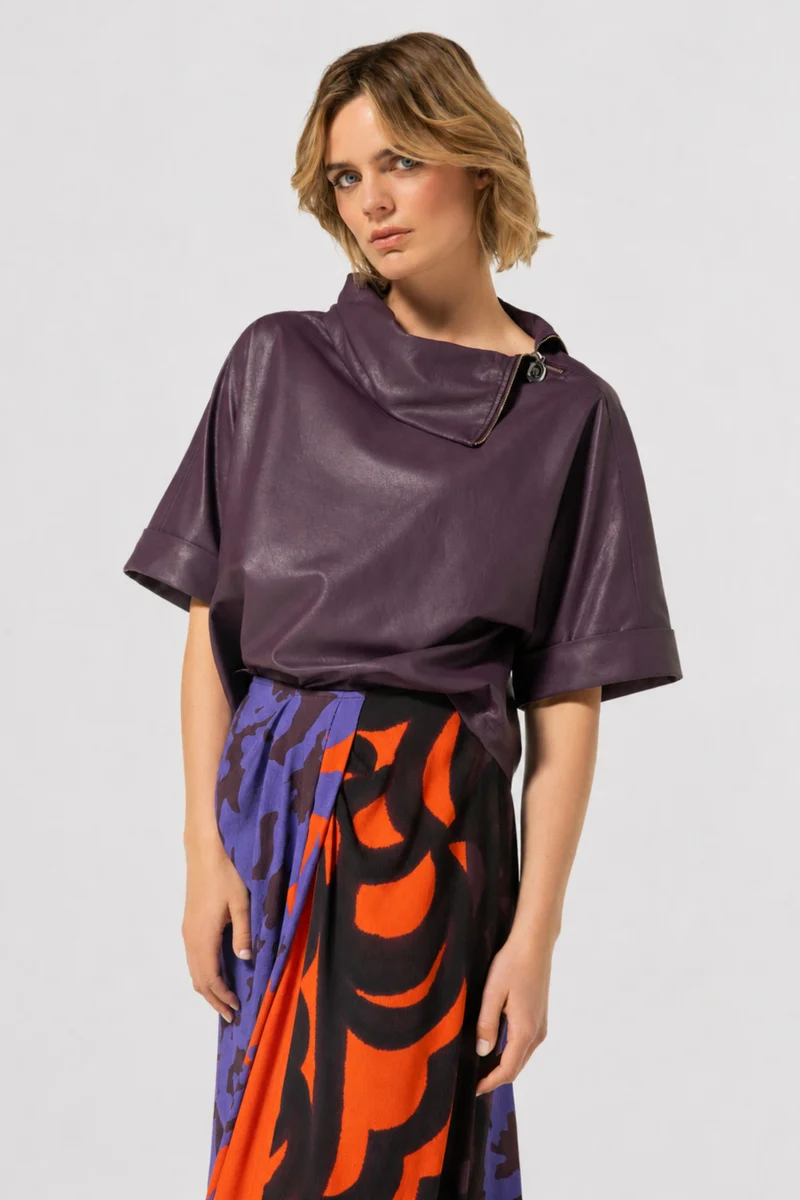 Blouse Vegan Leather Rits Plum 4609-45