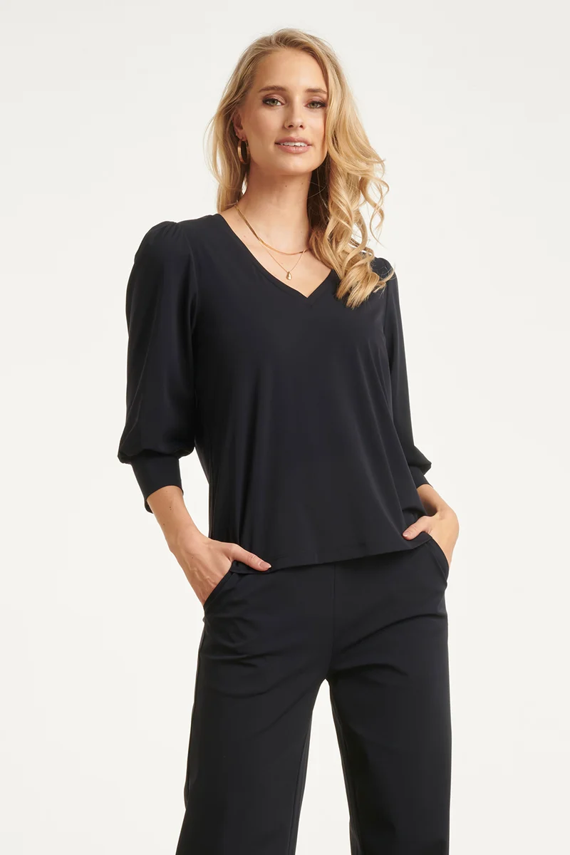 Travel Kwaliteit Top Met Lange Pofmouwen | Navy