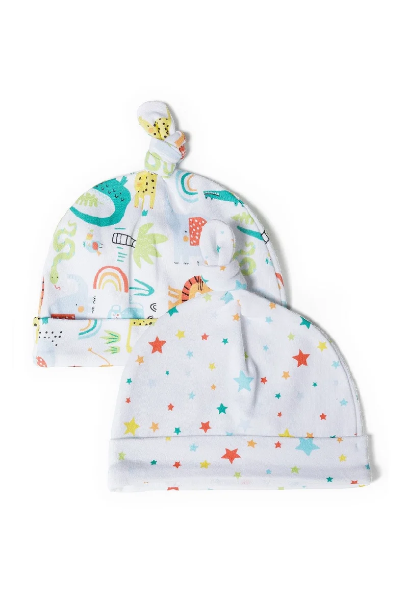Kids' hats 2-pack in white with multicoloured prints