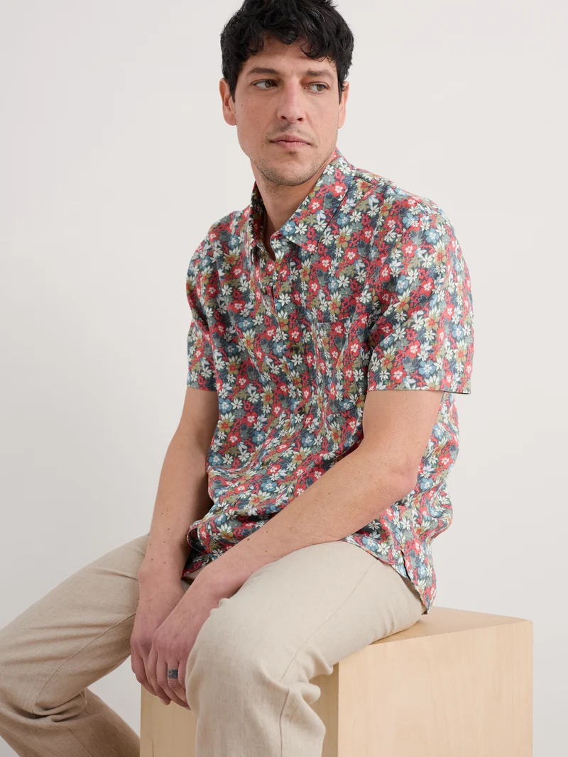 Seasalt Cornwall men's blue heron short sleeve shirt seashore floral lead