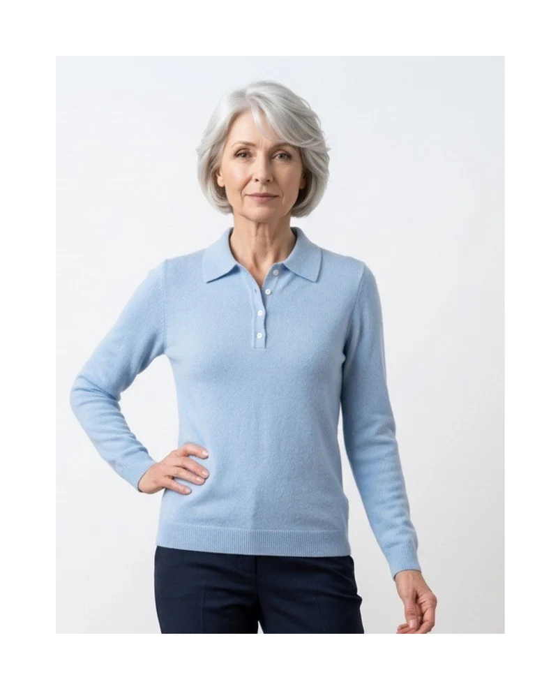 Cashmere Feeling Pullover met Polokraag en Knoopje Skyblue