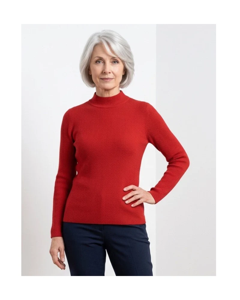 Cashmere Feeling Rib Pullover met Turtleneck Rood