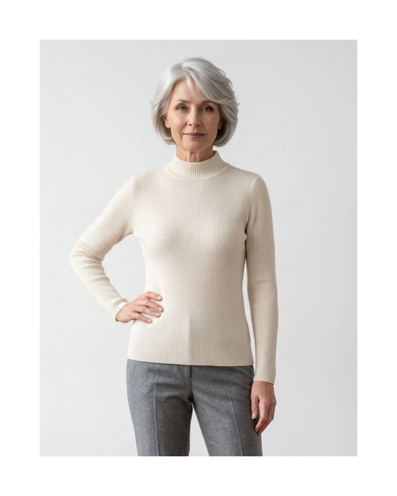 Cashmere Feeling Rib Pullover met Turtleneck Beige