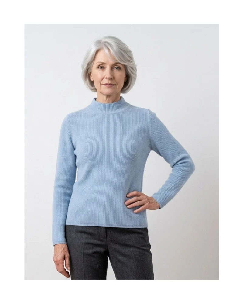 Cashmere Feeling Rib Pullover met Turtleneck Sky Blue