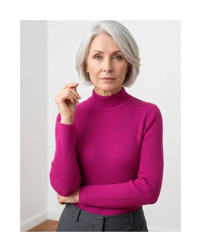 Cashmere Feeling Rib Pullover met Turtleneck Fuchsia