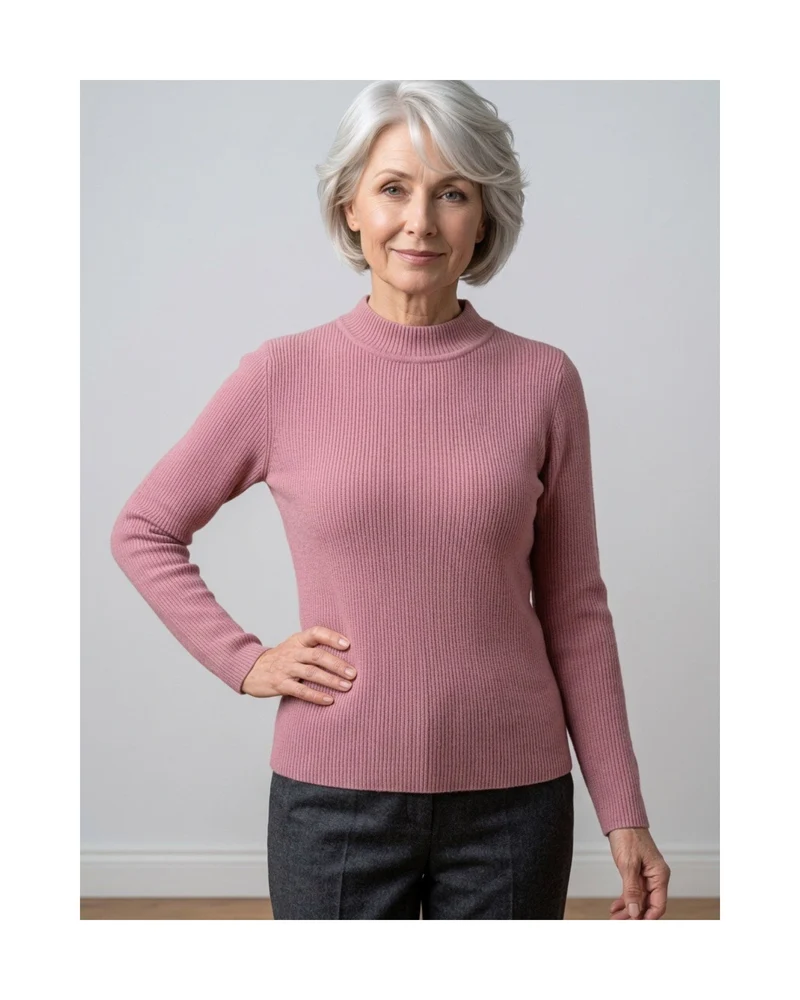 Cashmere Feeling Rib Pullover met Turtleneck Oudroze