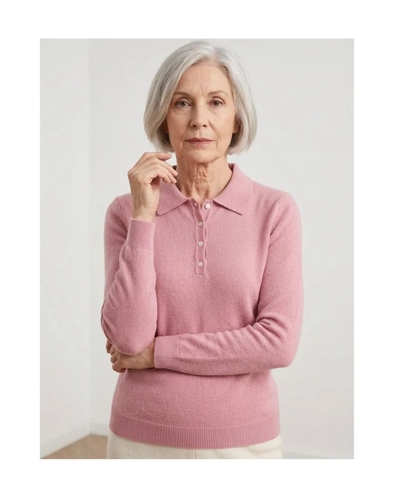 Cashmere Feeling Pullover met Polokraag en Knoopje Oudroze