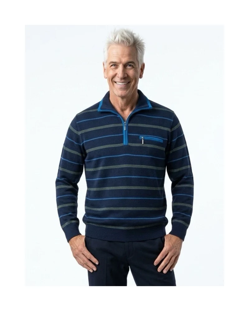 Heren Pullover Met Kraag streep Marine Kobalt Geel