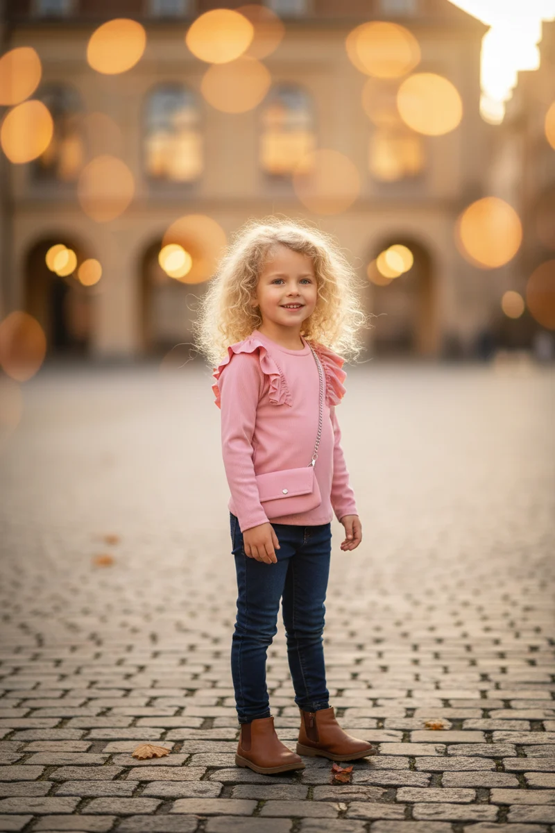 Meisjes Top Roze, Ribstof met Ruches en Kettingtasje