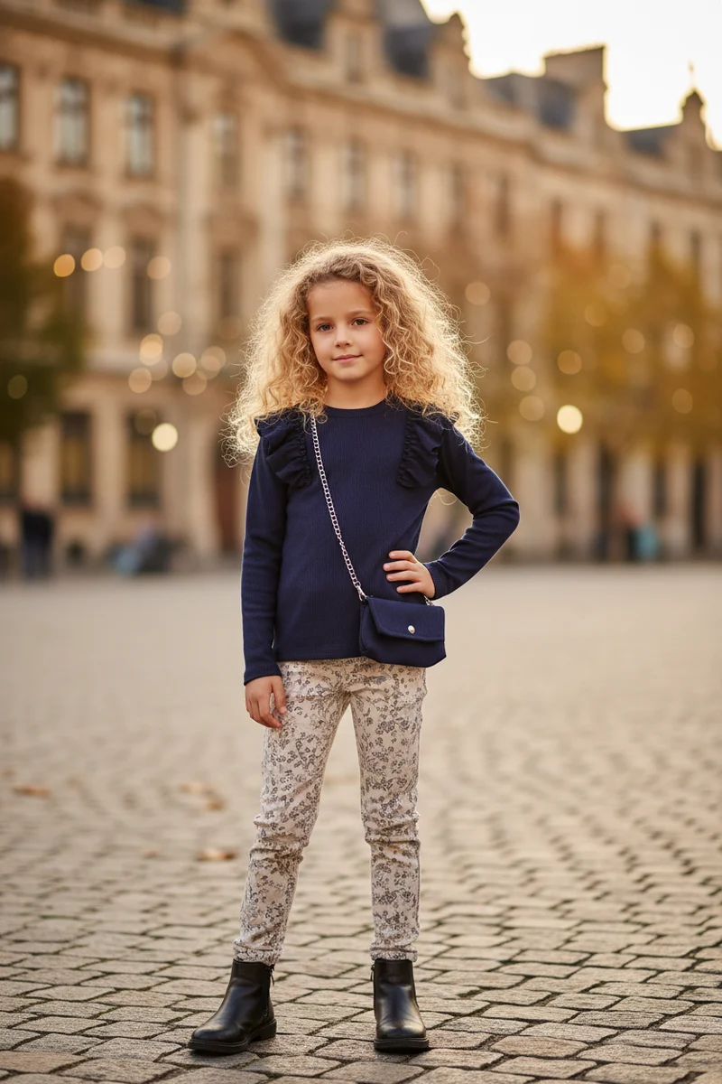 Meisjes Top Navy Blauw, Ribstof met Ruches en Kettingtasje