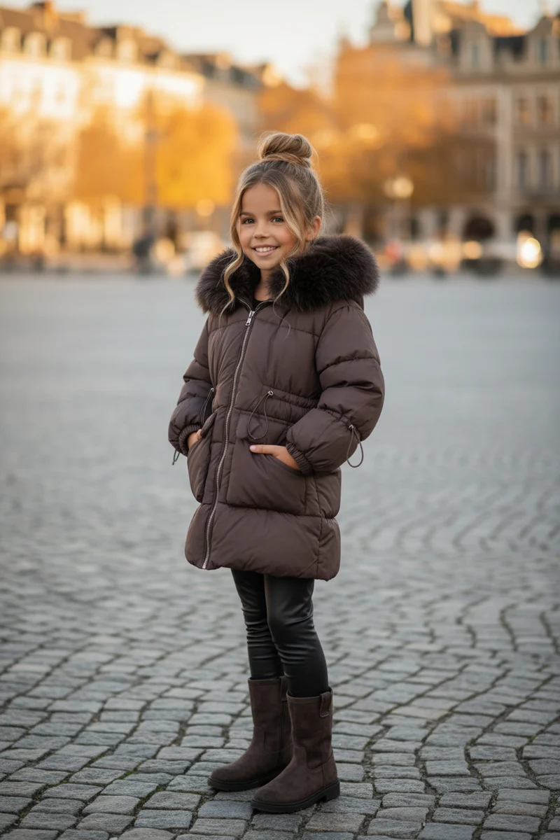 Sophia Luxe Gewatteerde Winterjas Donkerbruin Meisjes met Imitatiebont