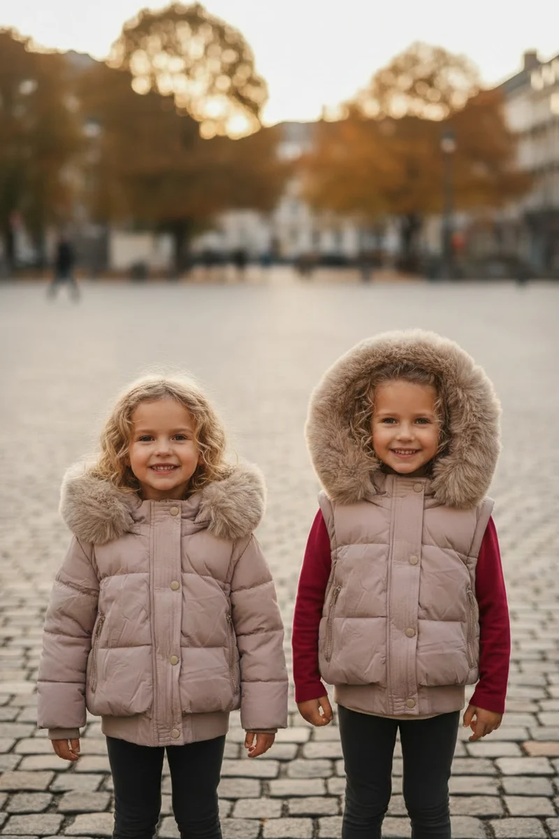 Mila 2-in-1 Gewatteerde Winterjas Beige Meisjes met Afritsbare Mouwen & Imitatiebont