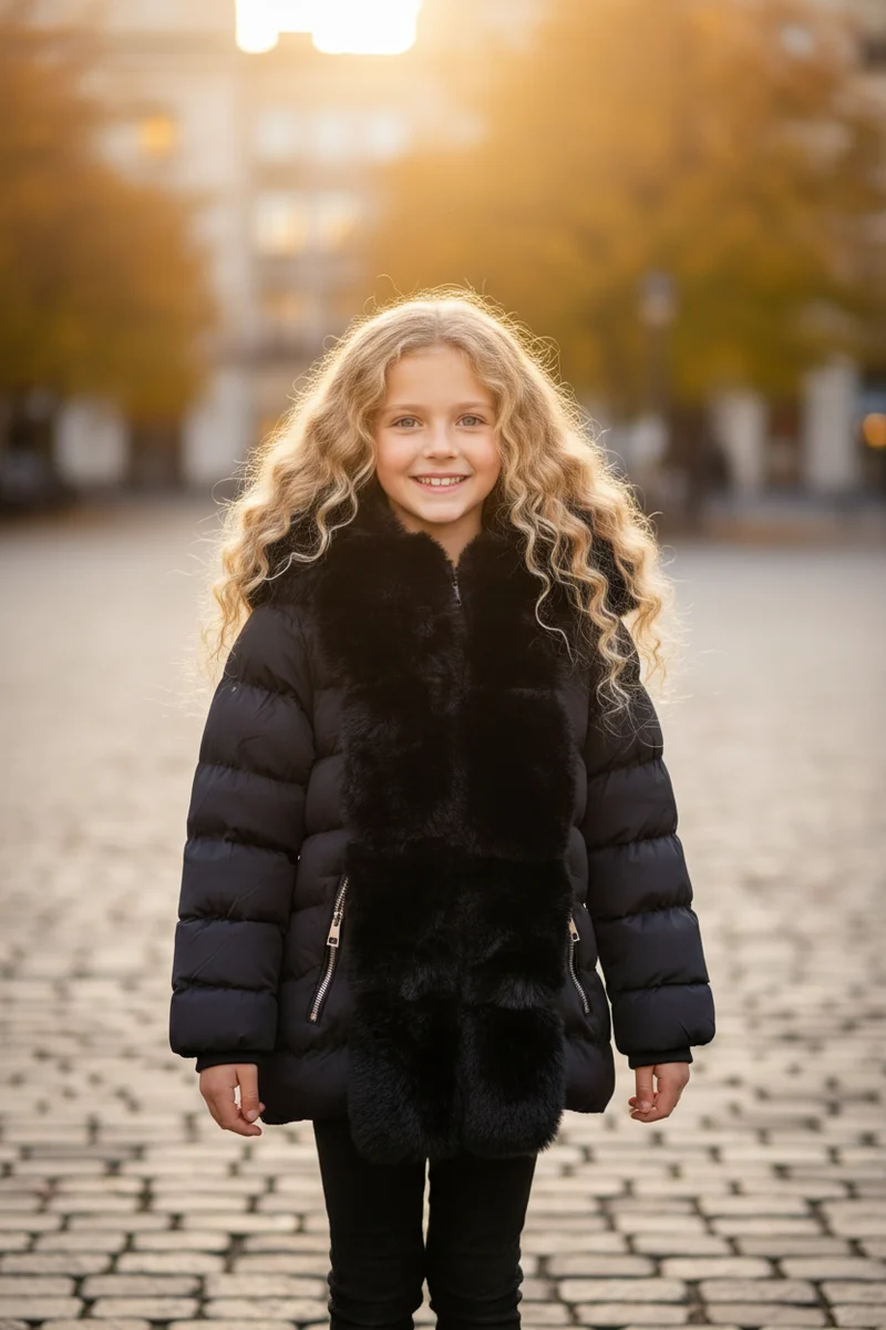 Luna Luxe Gewatteerde Winterjas Zwart Meisjes | Imitatiebont