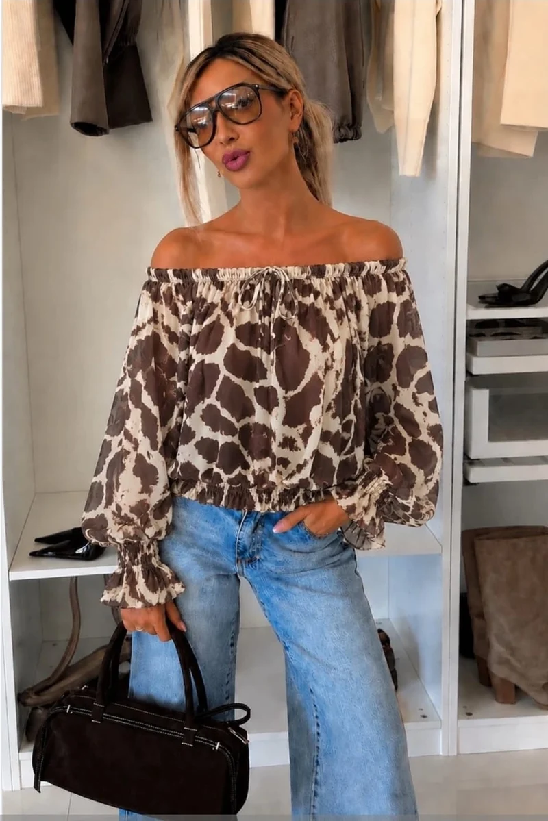 Bruine Off-Shoulder Top Dames met Print en Lange Mouwen