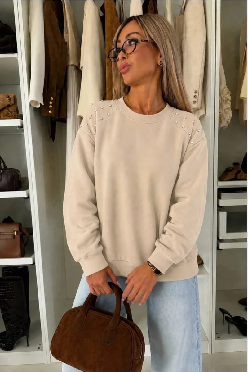 Beige Sweater Dames met Pareldetails