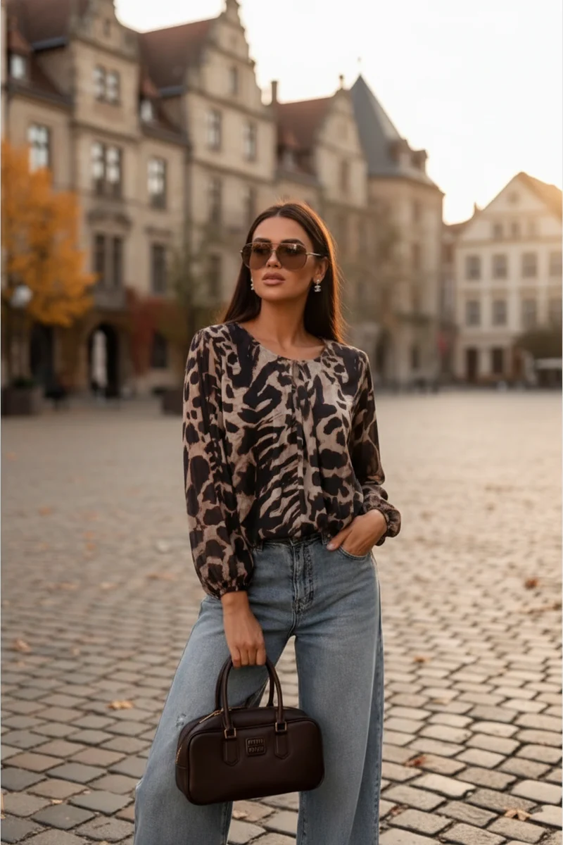 Panterprint Top Dames met Lange Mouwen en Strikdetail