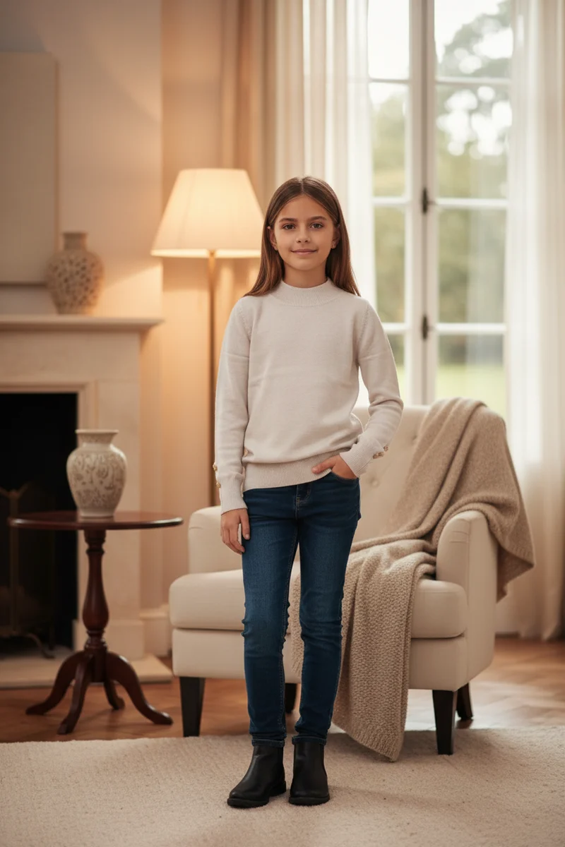 Beige gebreide trui meisjes met gouden knopen