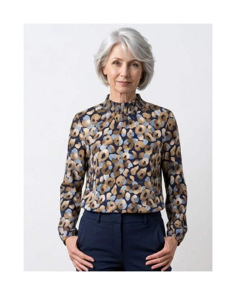 Sensia Blousonshirt Gesmokte Col Bruin Blauw