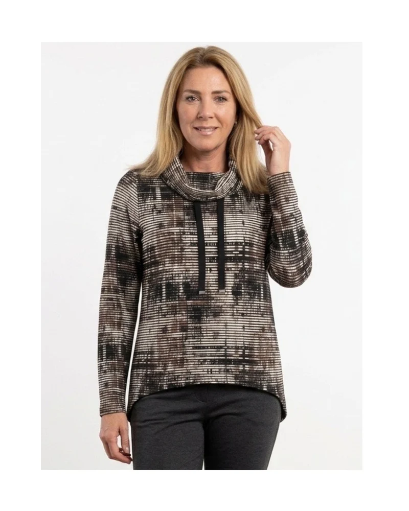 Gabriella K Sweater met Hangcol en Veter Zwart Bruin Beige