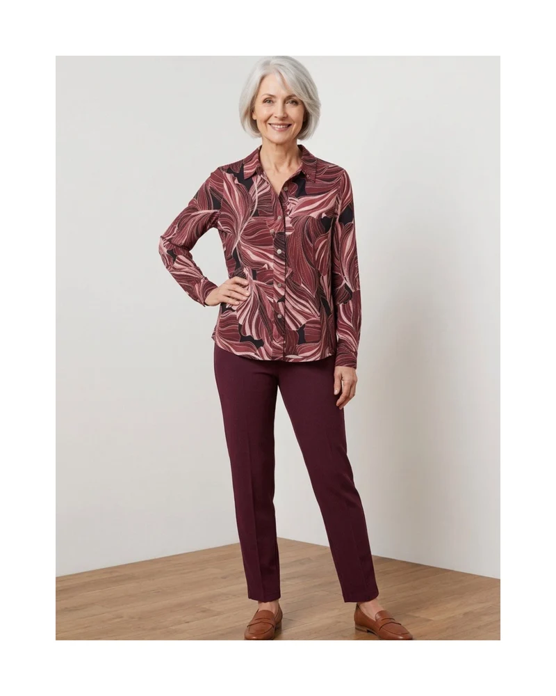 Gabriella K. Jersey Blouse met Bladprint Bordeaux
