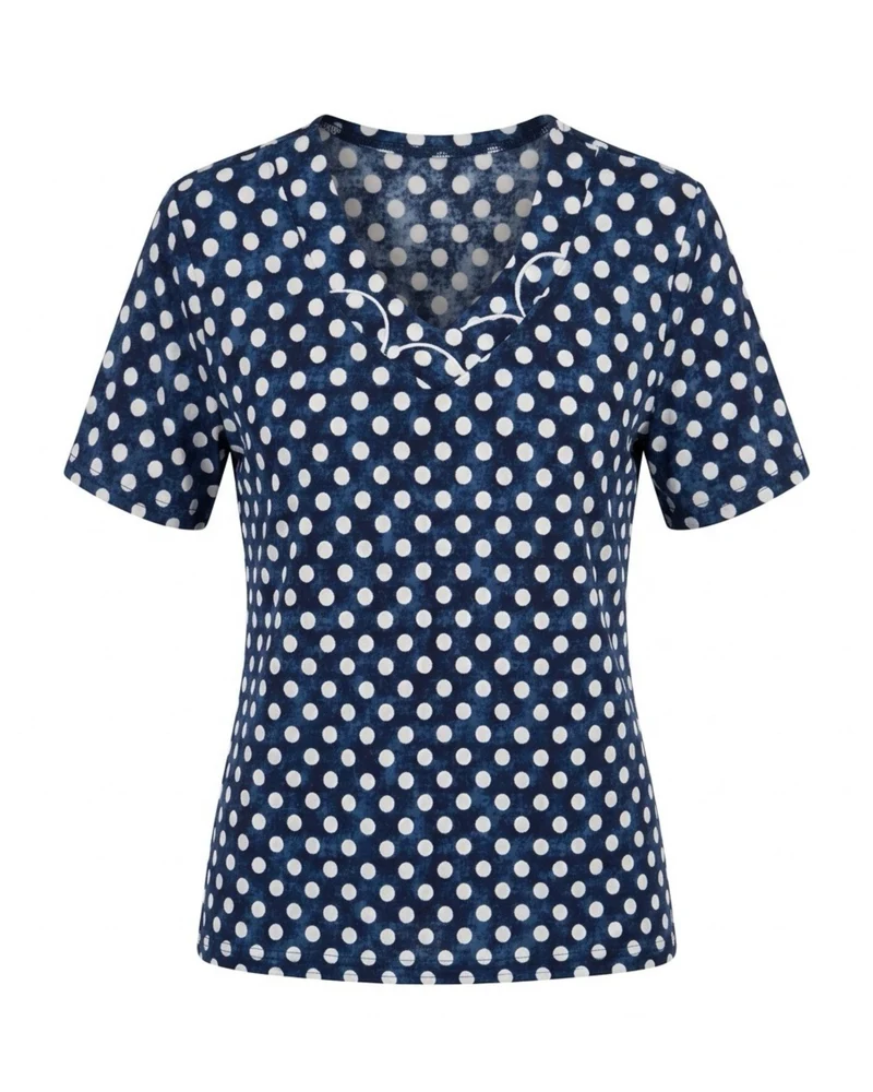 Dames Shirt Ronde Hals met een V Blauw en Witte Stippen