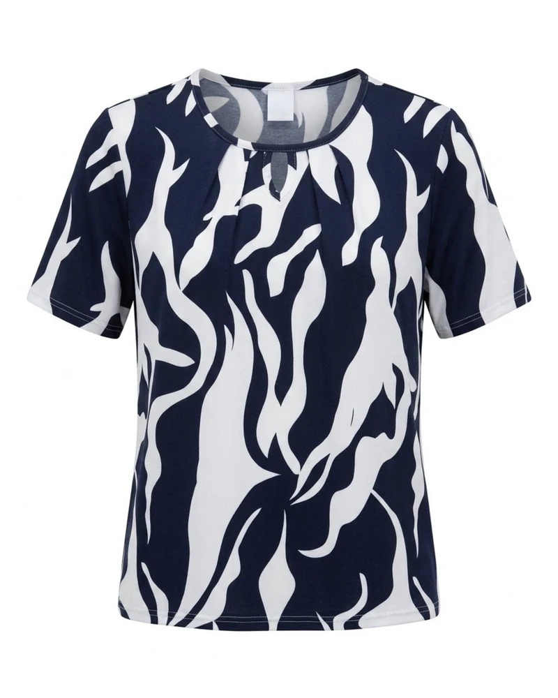Dames Shirt Ronde Hals Donkerblauw Wit