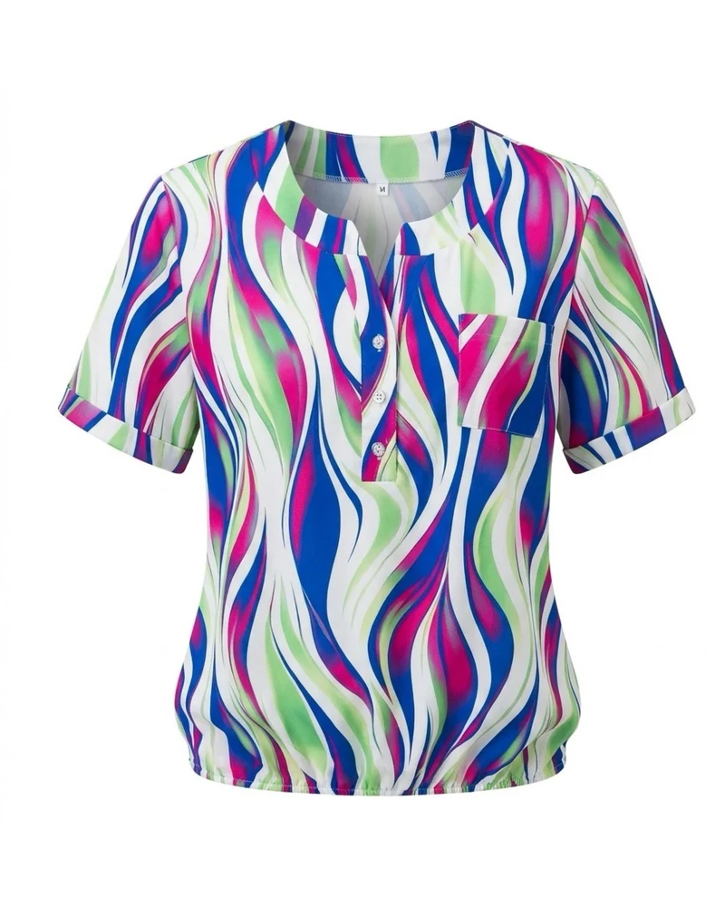 Dames Blouson Shirt Zilveren Knoopjes Borstzakje Kobalt Fuchsia Groen