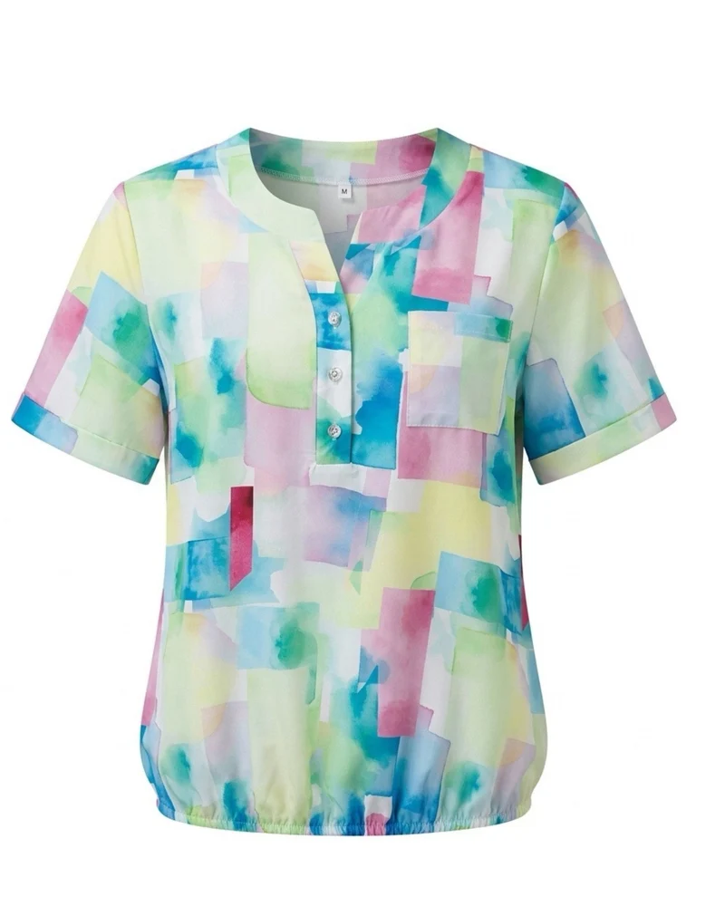 Dames Blouson Shirt Zilveren Knoopjes Borstzakje Groen Blauw Geel