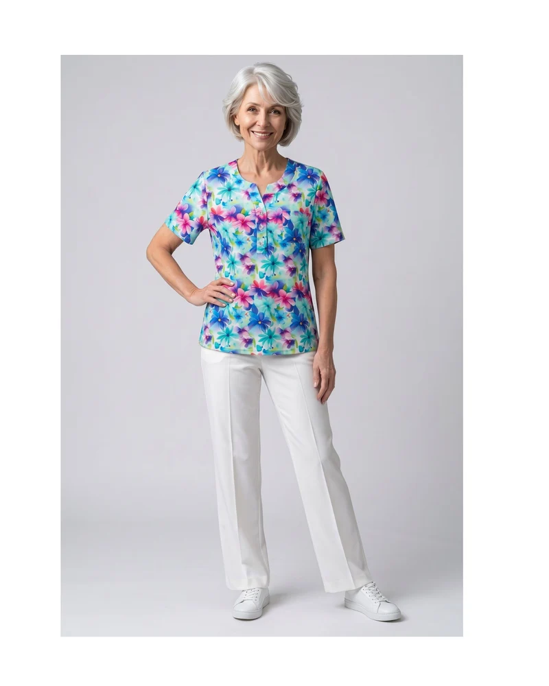 Dames Shirt Bloemen Zilveren Knoopjes Borstzakje Groen Fuchsia