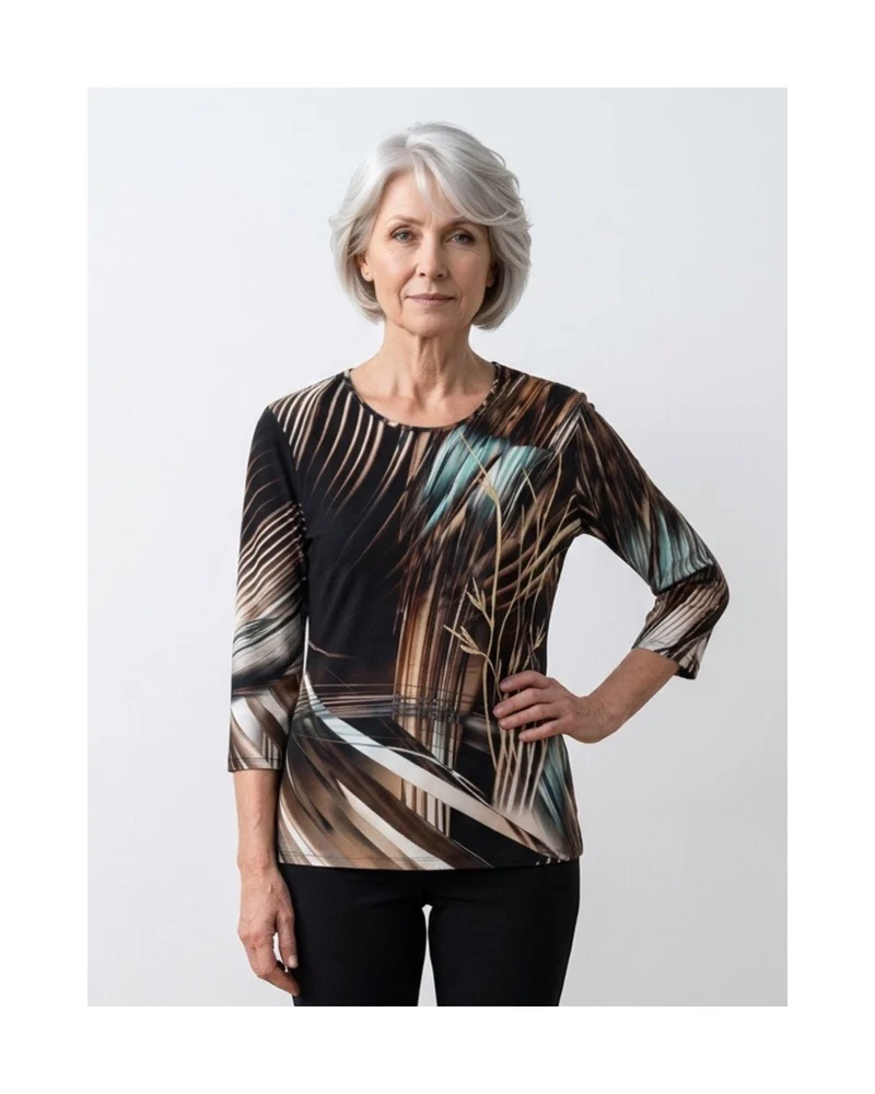 Gabriella K. Shirt met Bladprint – Ronde Hals - Bruin