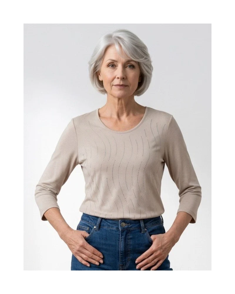 Gabriella K. Luxe Shirt met Strassteentjes – 3/4 Mouwlengte Beige
