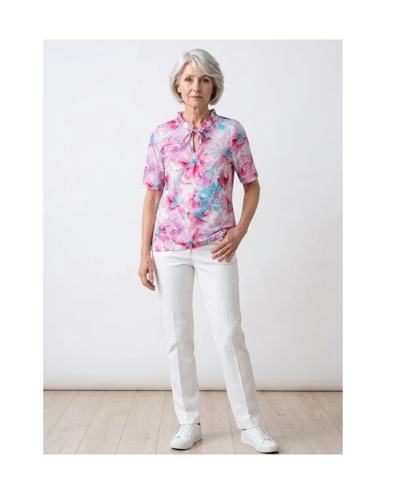 Blouson Shirt Met Gesmokte Hals Fuchsia Lila