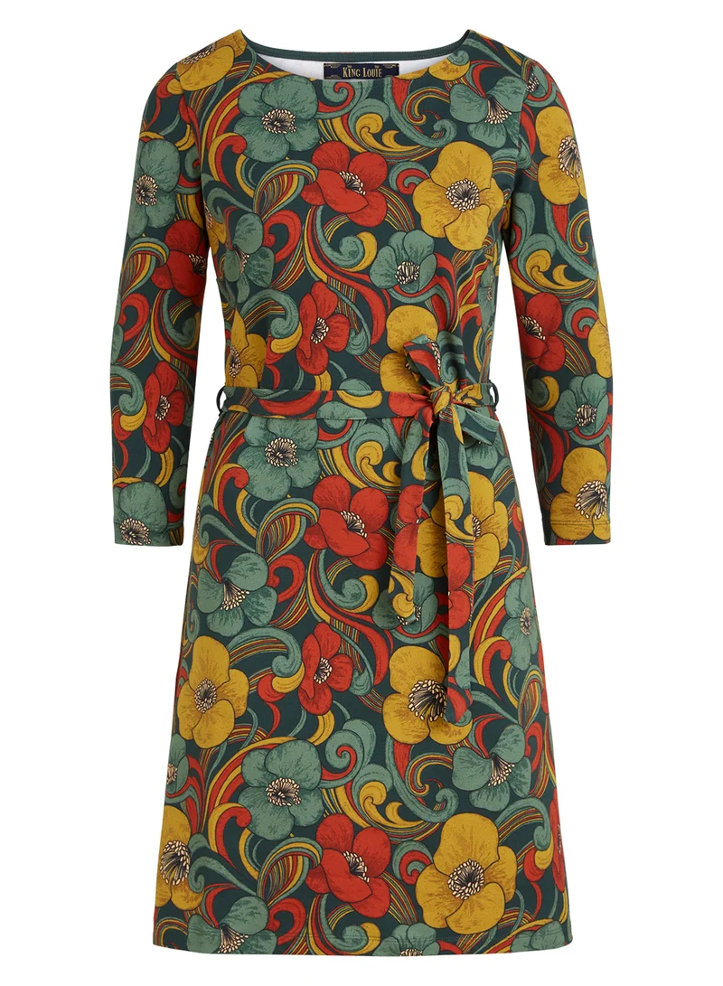 Bloemenjurk met driekwart mouw | King Louie Zoe dress uptown pine green