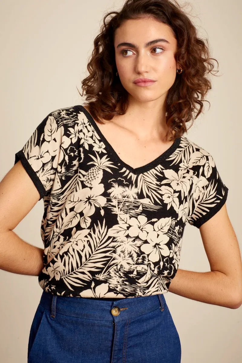 Zwarte top met bloemenprint | King louie Deep V top Carambola black