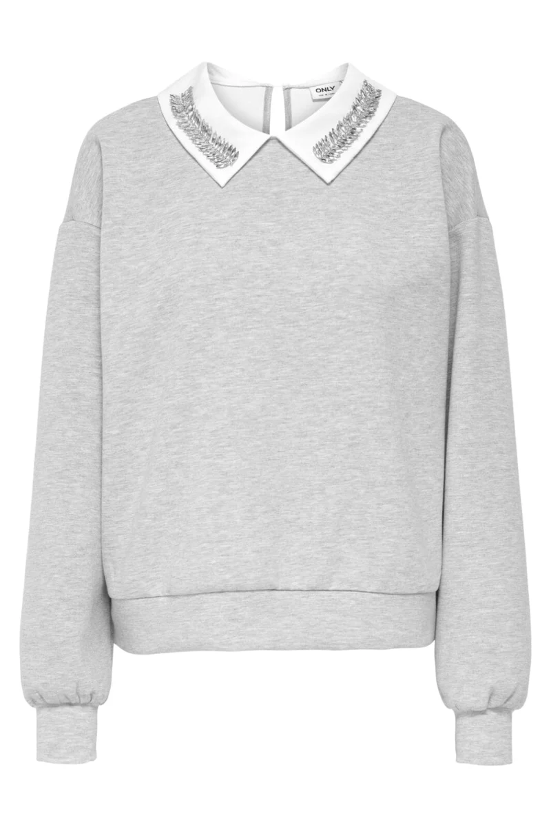 Only - Onlwillow L/S O-Neck Emb. Ub Swt - 4856680 Light Grey Melange Cloud Dancer Woven