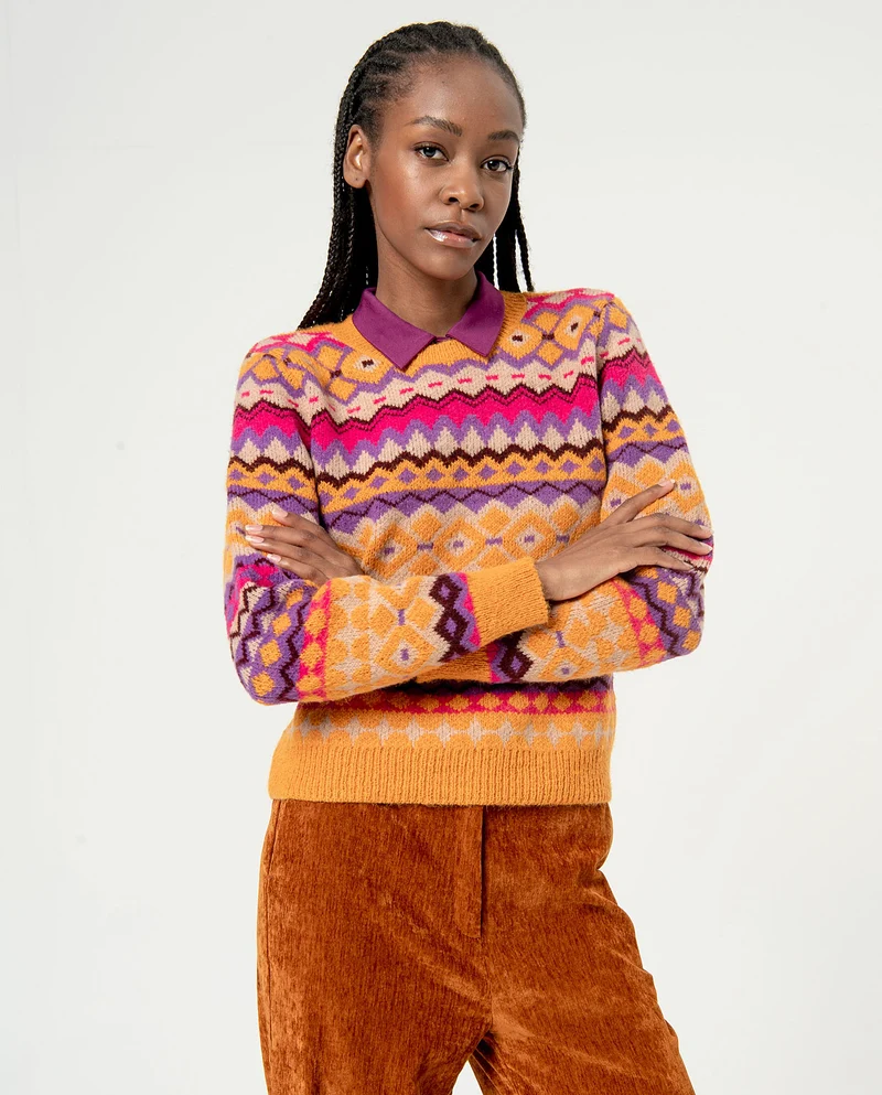 Surkana jersey jacquard bordered jumper round neckline orange