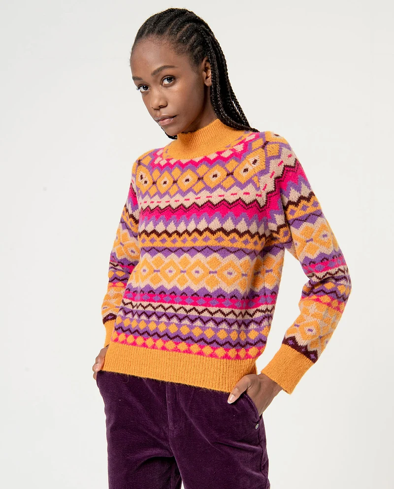 Surkana jacquard jumper with borders turtleneck orange